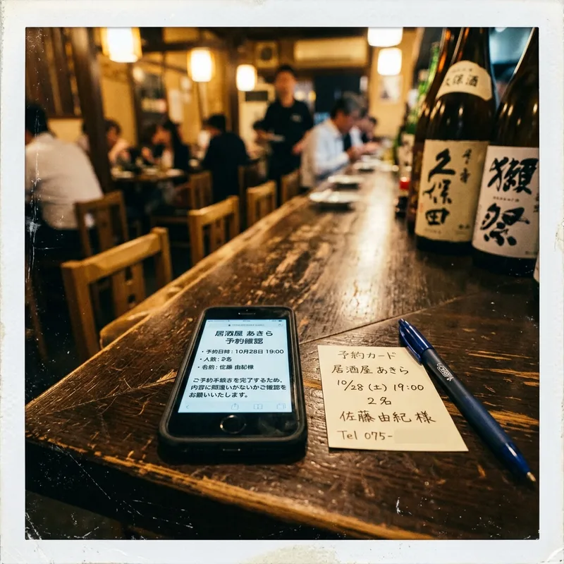 A phone showing a Japanese restaurant reservation form beside a paper booking card