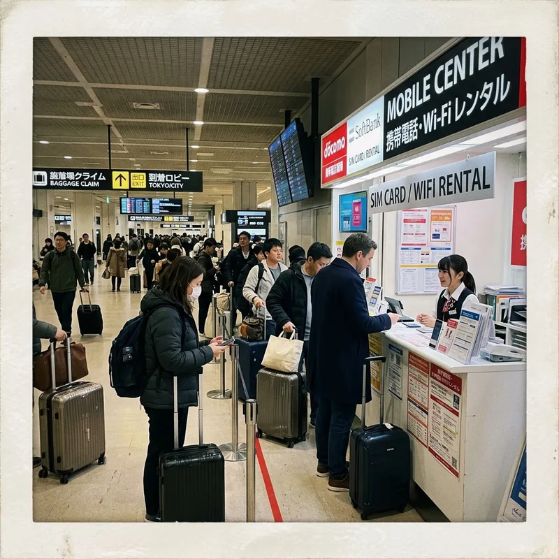 A mobile counter in a Japanese airport arrivals hall with a queue of travelers