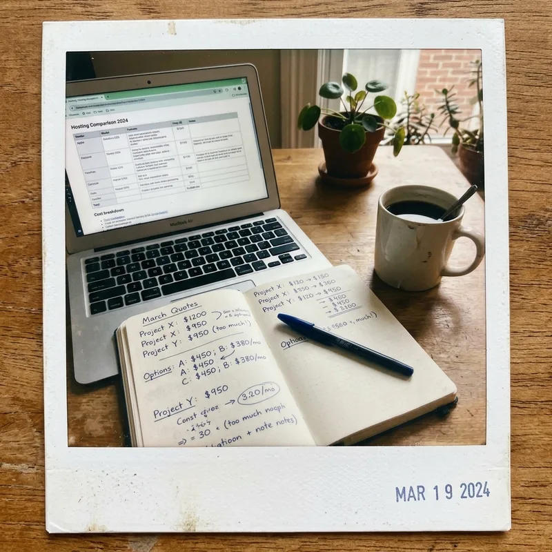 A laptop showing plan comparison tables beside a notebook of handwritten prices